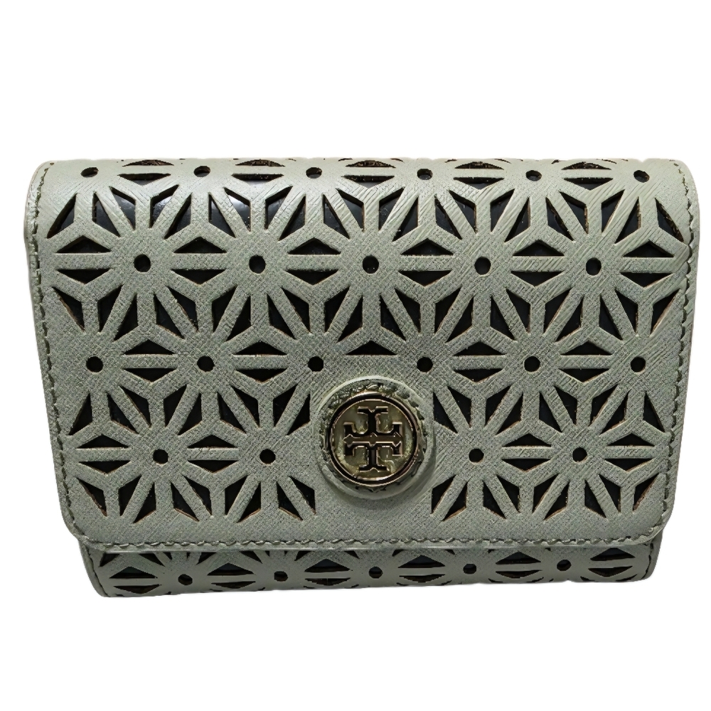 Tory Burch Mint Julep Robinson Floral Leather  Perforated Wallet